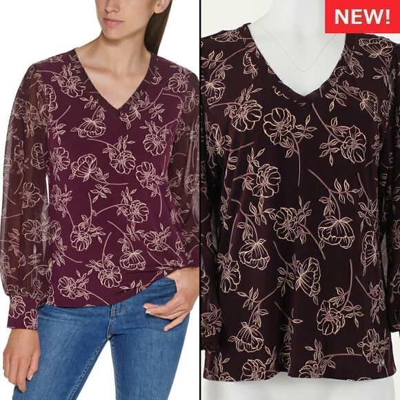 Calvin Klein Floral Print Chiffon Sleeve Blouse - Picture 1 of 5